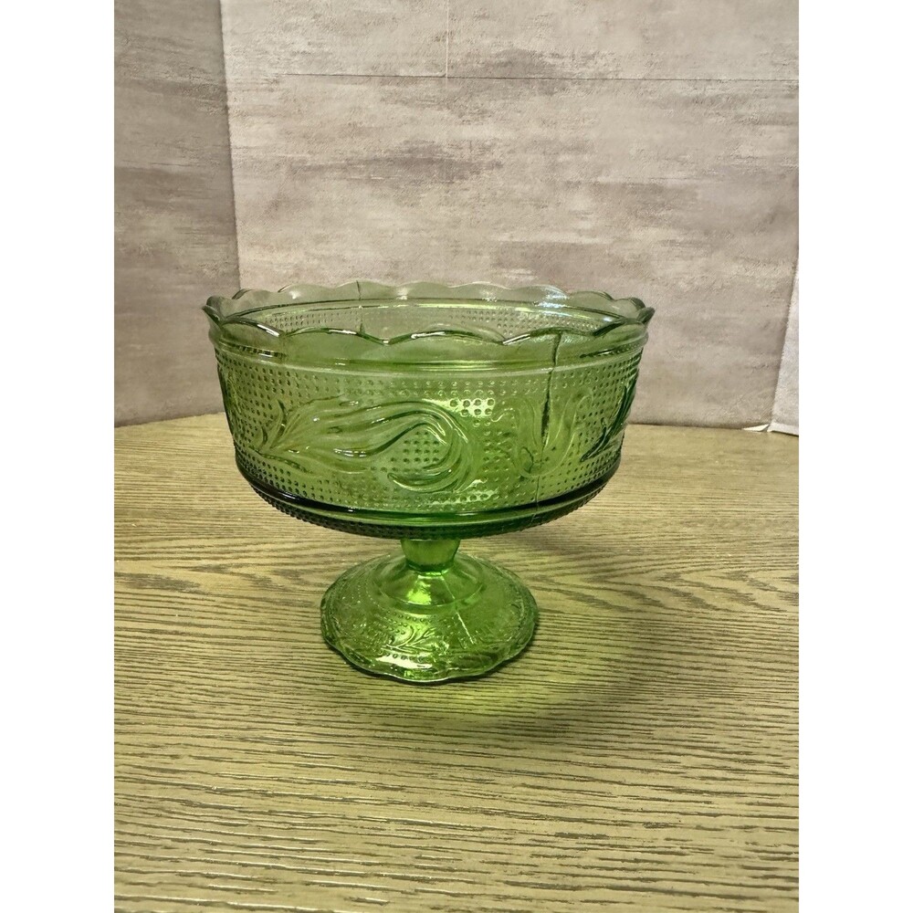 Vintage E.O. Brody Green Glass Pedestal Compote Candy Dish Footed Bowl USA